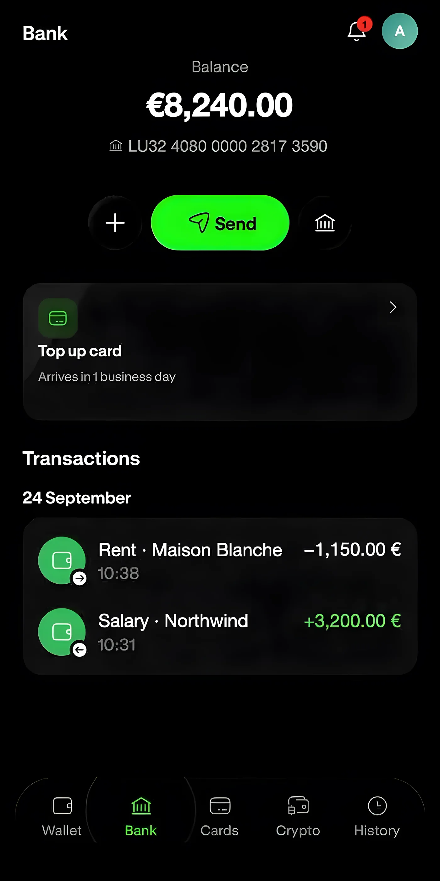 Bank screen, balance and IBAN