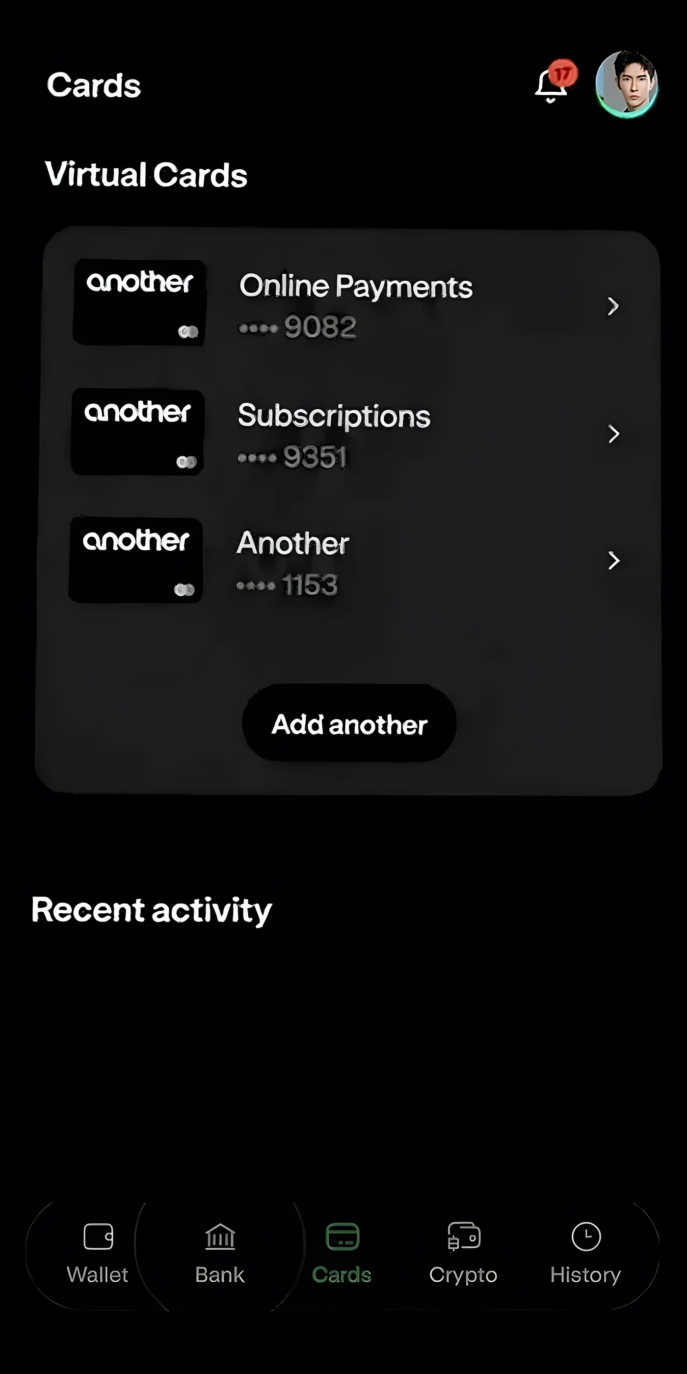 Cards screen, virtual cards for online payments, subscriptions and Another
